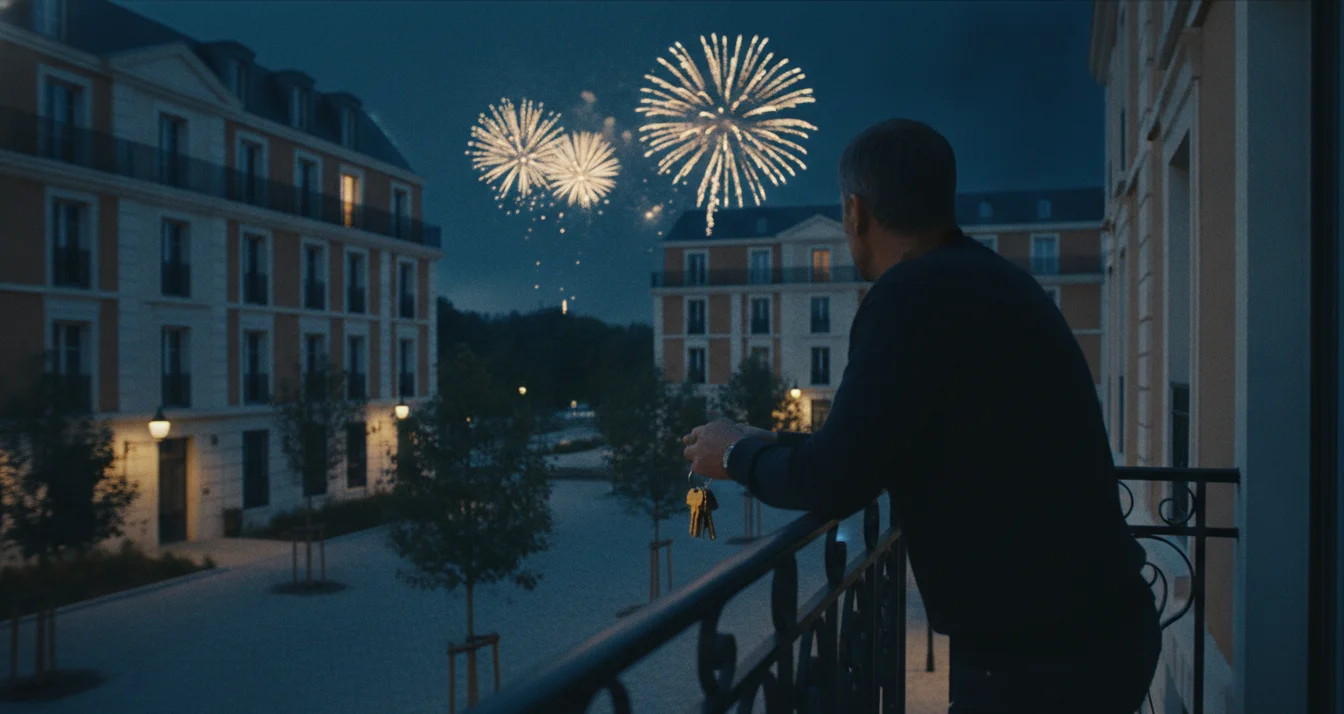 Un propriétaire, clés en main, sur le balcon de son appartement dans une ville nouvelle du Val d'Europe, face à un feu d'artifice au loin